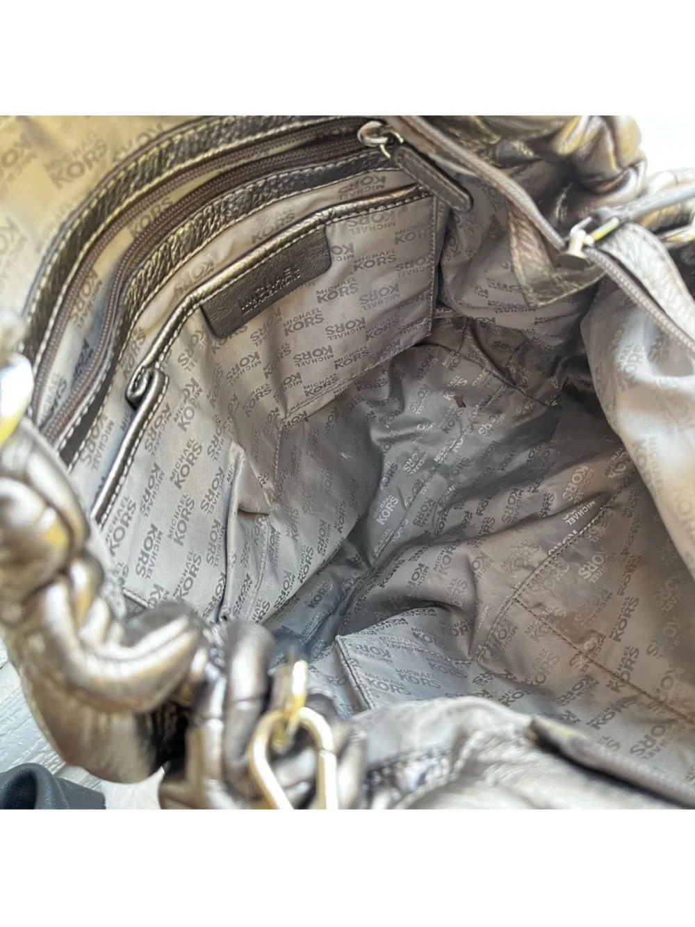 MICHAEL KORS Silver Metallic Lillie Fulton Tote Shoulder Bag